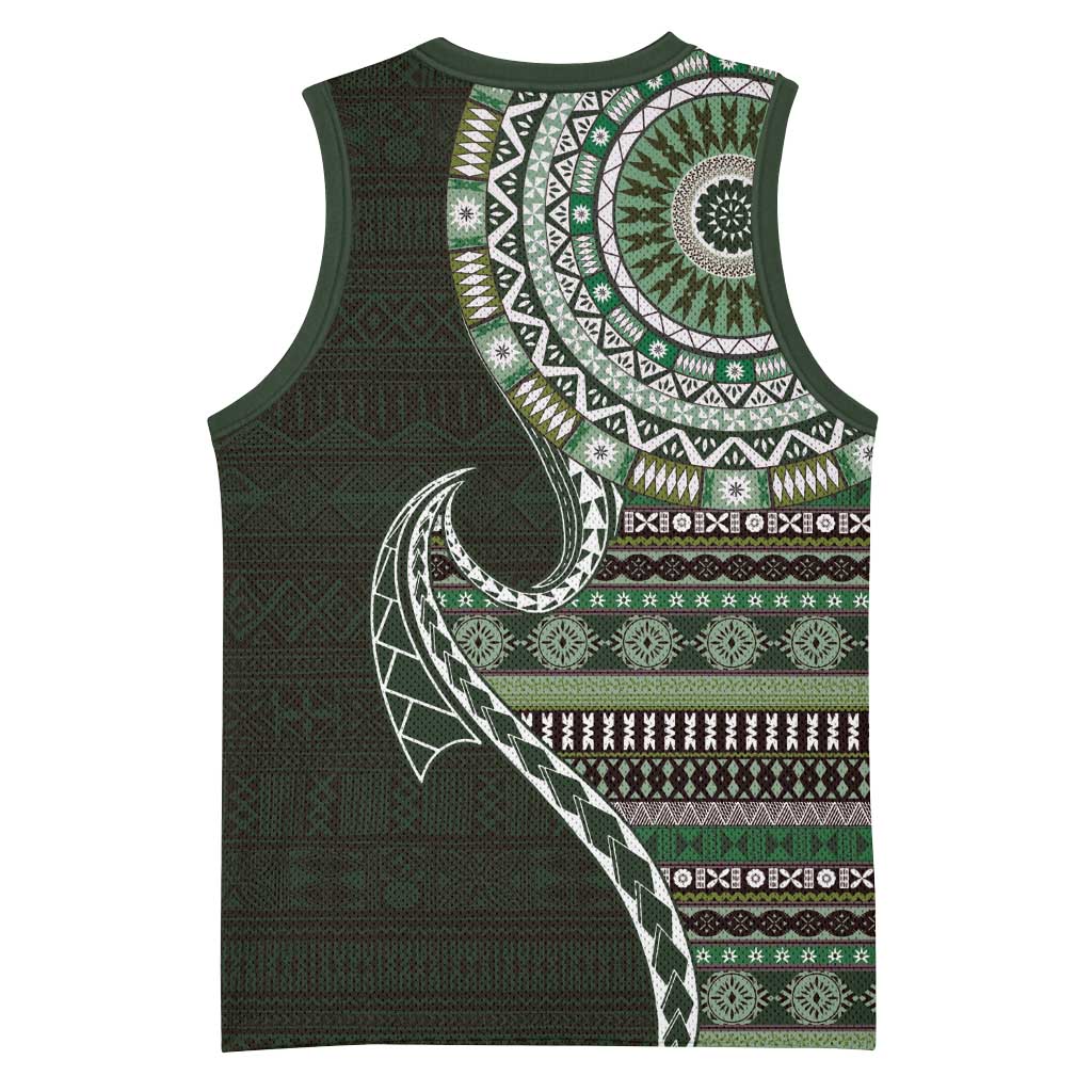 Fijian Masi Tribal Tattoos Art Pattern Basketball Jersey Green Color Half Style - Polynesian Pride
