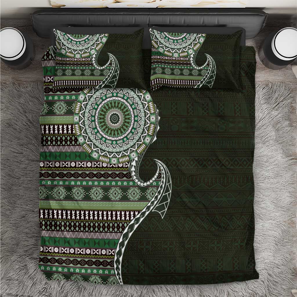 Fijian Masi Tribal Tattoos Art Pattern Bedding Set Green Color Half Style - Polynesian Pride