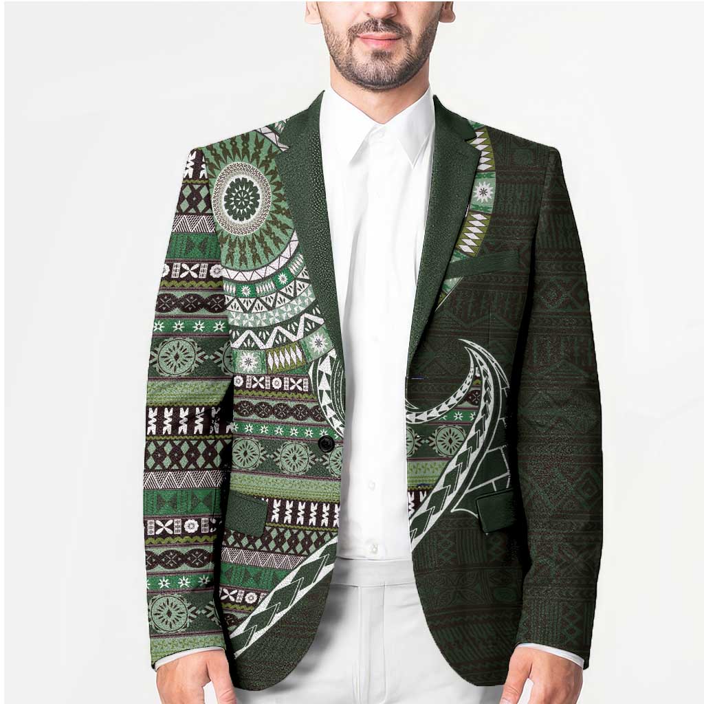 Fijian Masi Tribal Tattoos Art Pattern Blazer Green Color Half Style - Polynesian Pride