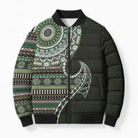 Fijian Masi Tribal Tattoos Art Pattern Bomber Puffer Jacket Green Color Half Style - Polynesian Pride