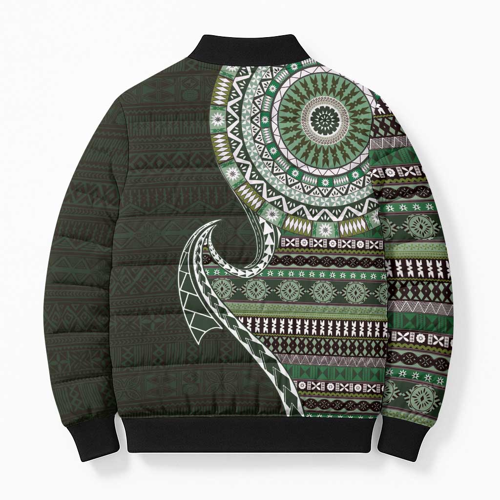 Fijian Masi Tribal Tattoos Art Pattern Bomber Puffer Jacket Green Color Half Style - Polynesian Pride