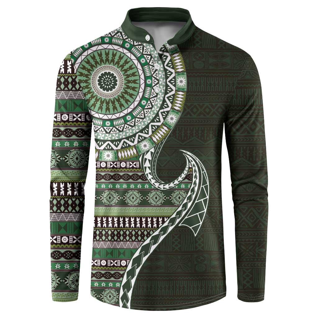Fijian Masi Tribal Tattoos Art Pattern Button Sweatshirt Green Color Half Style - Polynesian Pride