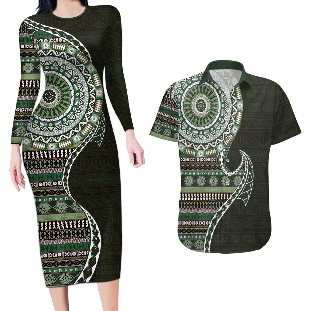 Fijian Masi Tribal Tattoos Art Pattern Couples Matching Long Sleeve Bodycon Dress and Hawaiian Shirt Green Color Half Style LT03 Green - Polynesian Pride