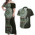 Fijian Masi Tribal Tattoos Art Pattern Couples Matching Off Shoulder Maxi Dress and Hawaiian Shirt Green Color Half Style - Polynesian Pride