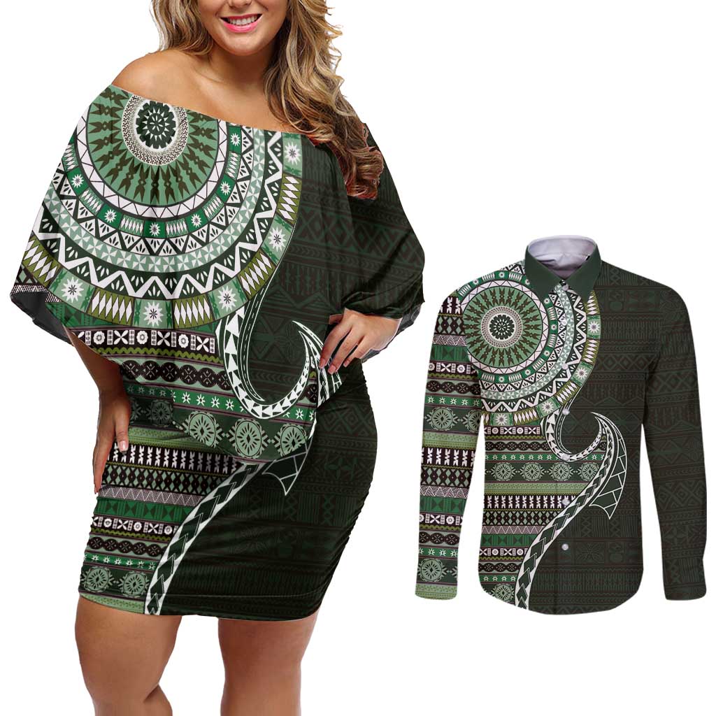 Fijian Masi Tribal Tattoos Art Pattern Couples Matching Off Shoulder Short Dress and Long Sleeve Button Shirt Green Color Half Style - Polynesian Pride