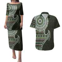 Fijian Masi Tribal Tattoos Art Pattern Couples Matching Puletasi and Hawaiian Shirt Green Color Half Style - Polynesian Pride
