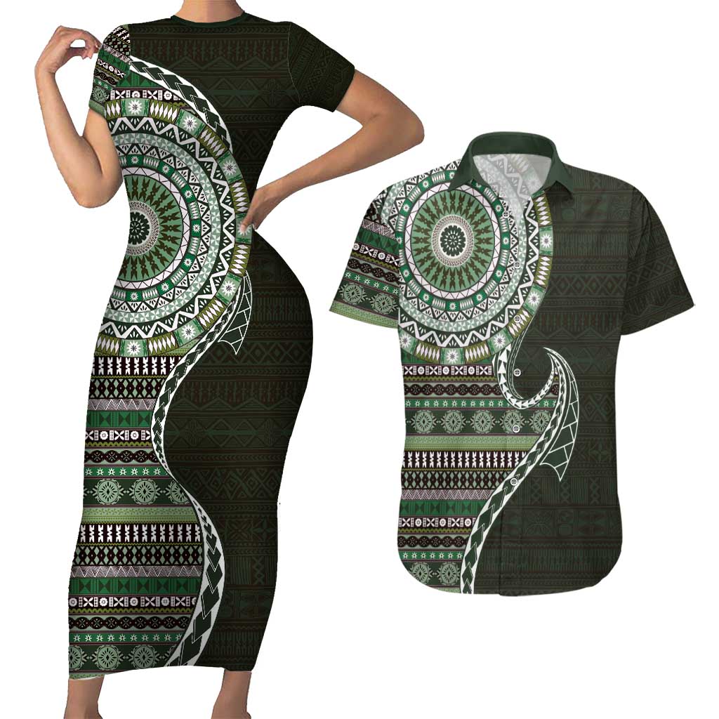 Fijian Masi Tribal Tattoos Art Pattern Couples Matching Short Sleeve Bodycon Dress and Hawaiian Shirt Green Color Half Style LT03 Green - Polynesian Pride