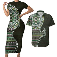 Fijian Masi Tribal Tattoos Art Pattern Couples Matching Short Sleeve Bodycon Dress and Hawaiian Shirt Green Color Half Style LT03 Green - Polynesian Pride