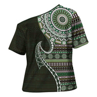 Fijian Masi Tribal Tattoos Art Pattern Cross Shoulder Shirt Green Color Half Style - Polynesian Pride