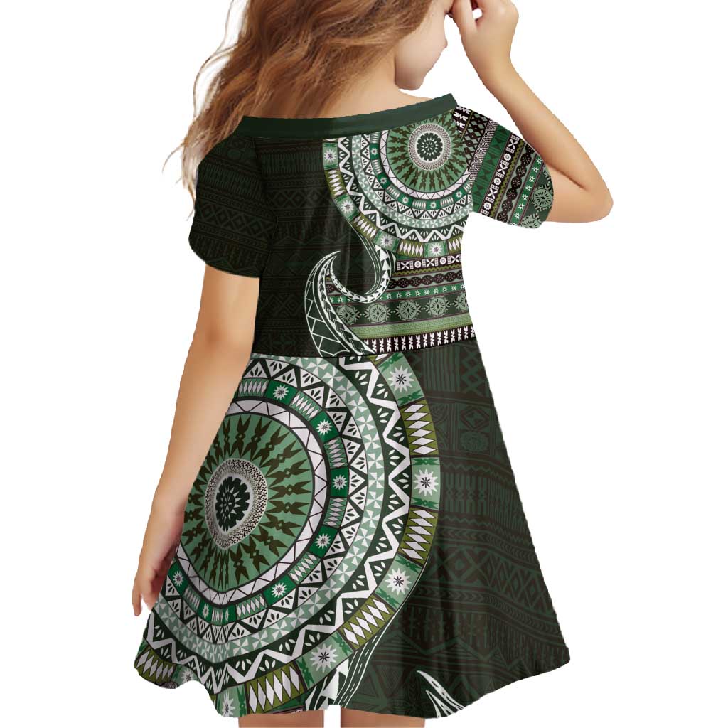 Fijian Masi Tribal Tattoos Art Pattern Family Matching Long Sleeve Bodycon Dress and Hawaiian Shirt Green Color Half Style LT03 - Polynesian Pride