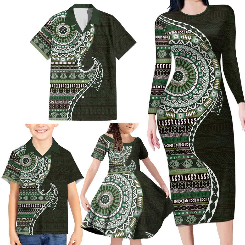 Fijian Masi Tribal Tattoos Art Pattern Family Matching Long Sleeve Bodycon Dress and Hawaiian Shirt Green Color Half Style LT03 - Polynesian Pride