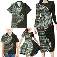 Fijian Masi Tribal Tattoos Art Pattern Family Matching Long Sleeve Bodycon Dress and Hawaiian Shirt Green Color Half Style LT03 - Polynesian Pride