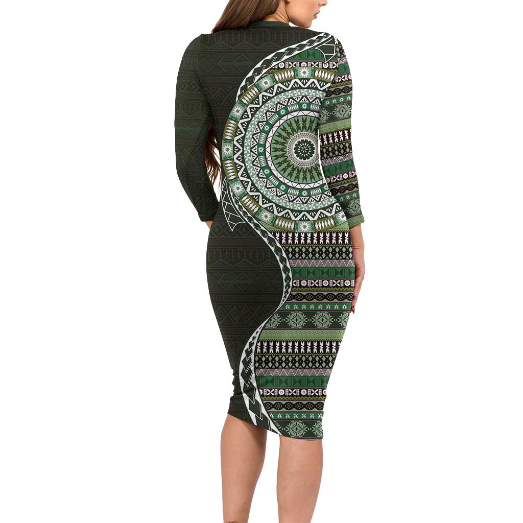 Fijian Masi Tribal Tattoos Art Pattern Family Matching Long Sleeve Bodycon Dress and Hawaiian Shirt Green Color Half Style LT03 - Polynesian Pride