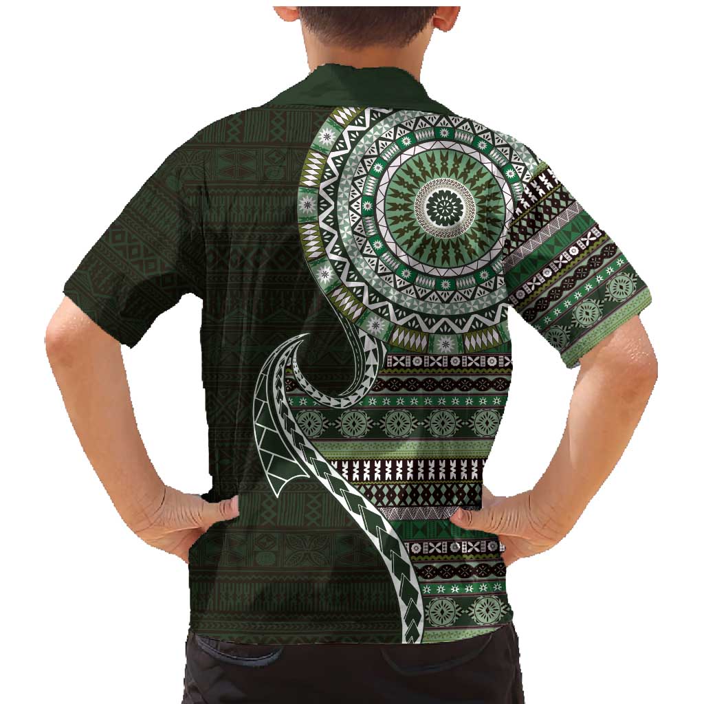 Fijian Masi Tribal Tattoos Art Pattern Family Matching Mermaid Dress and Hawaiian Shirt Green Color Half Style LT03 - Polynesian Pride