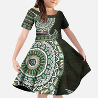 Fijian Masi Tribal Tattoos Art Pattern Family Matching Mermaid Dress and Hawaiian Shirt Green Color Half Style LT03 Daughter's Dress Green - Polynesian Pride