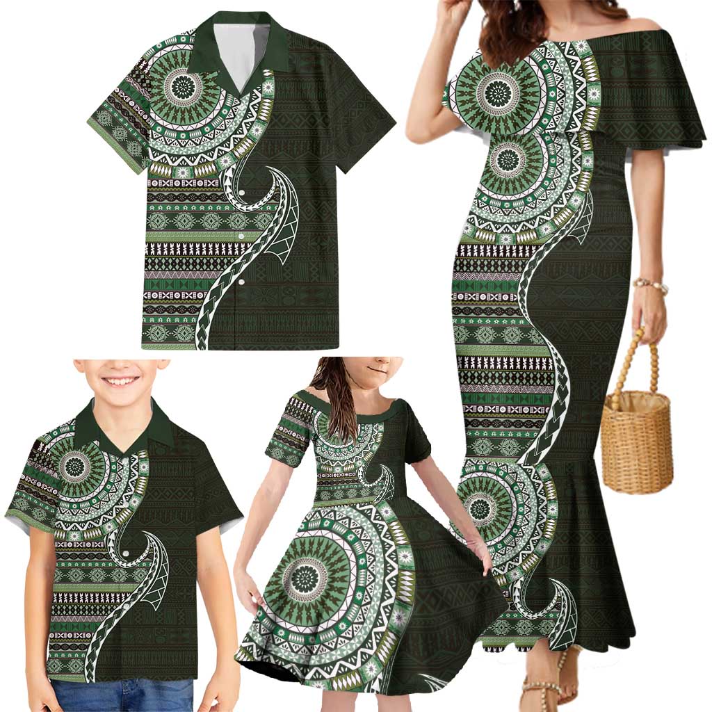 Fijian Masi Tribal Tattoos Art Pattern Family Matching Mermaid Dress and Hawaiian Shirt Green Color Half Style LT03 - Polynesian Pride
