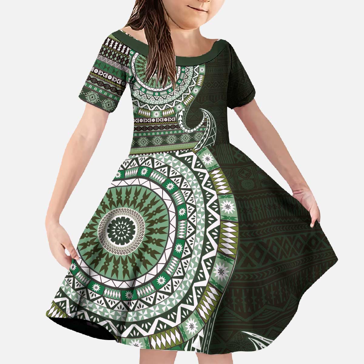 Fijian Masi Tribal Tattoos Art Pattern Family Matching Off The Shoulder Long Sleeve Dress and Hawaiian Shirt Green Color Half Style LT03 Daughter's Dress Green - Polynesian Pride