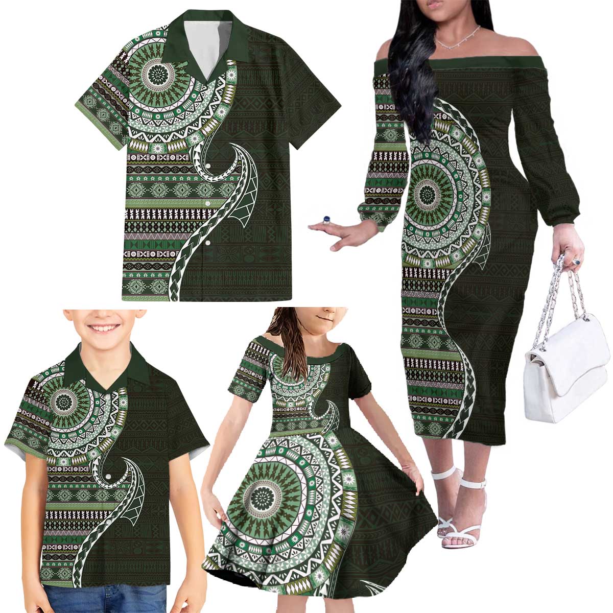 Fijian Masi Tribal Tattoos Art Pattern Family Matching Off The Shoulder Long Sleeve Dress and Hawaiian Shirt Green Color Half Style LT03 - Polynesian Pride