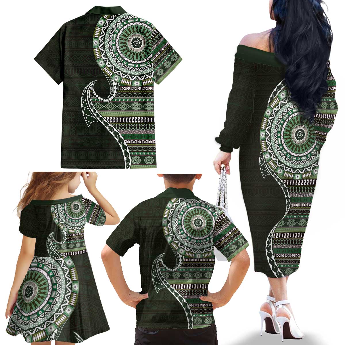 Fijian Masi Tribal Tattoos Art Pattern Family Matching Off The Shoulder Long Sleeve Dress and Hawaiian Shirt Green Color Half Style LT03 - Polynesian Pride
