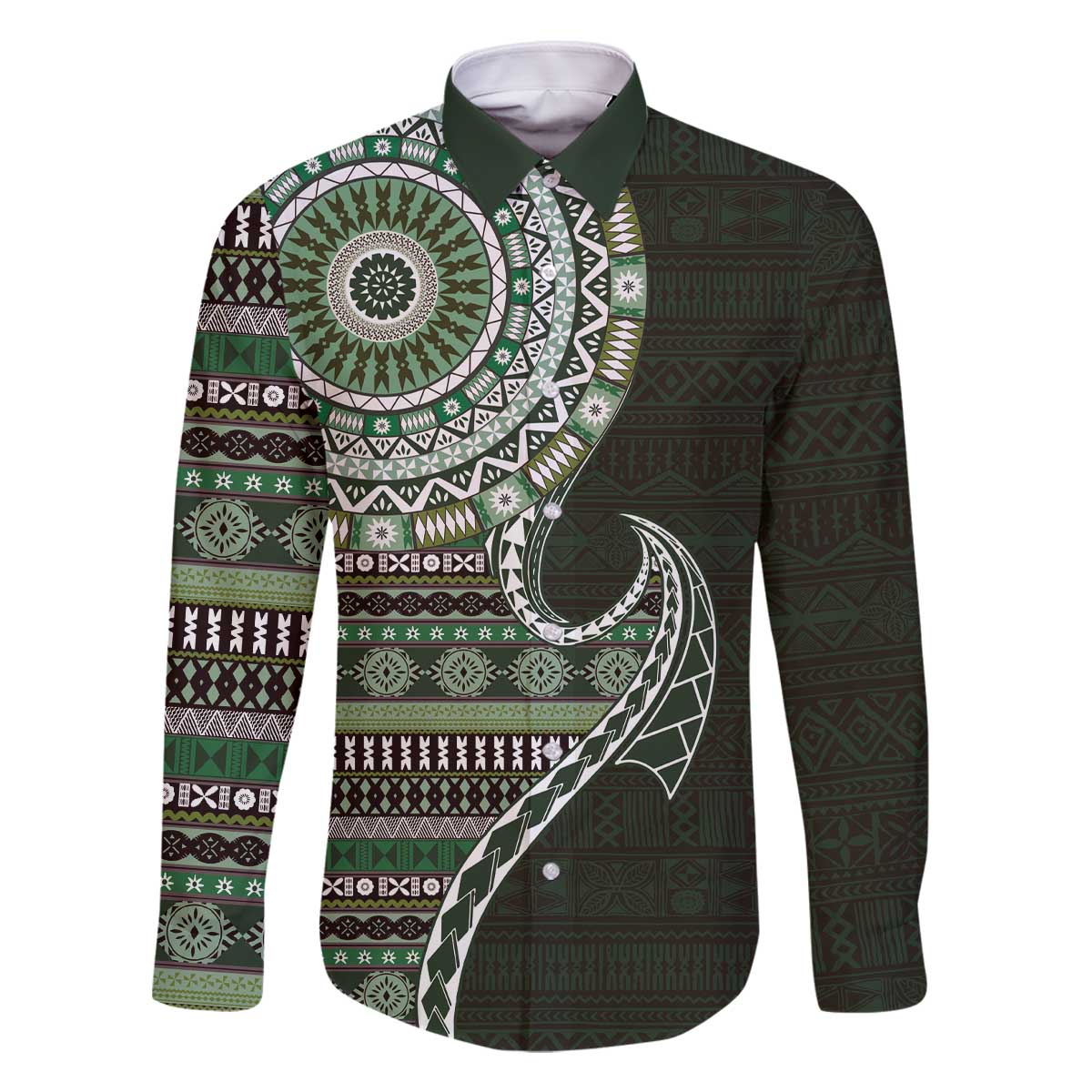 Fijian Masi Tribal Tattoos Art Pattern Family Matching Off The Shoulder Long Sleeve Dress and Hawaiian Shirt Green Color Half Style LT03 Dad's Shirt - Long Sleeve Green - Polynesian Pride