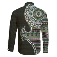 Fijian Masi Tribal Tattoos Art Pattern Family Matching Off The Shoulder Long Sleeve Dress and Hawaiian Shirt Green Color Half Style LT03 - Polynesian Pride