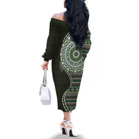 Fijian Masi Tribal Tattoos Art Pattern Family Matching Off The Shoulder Long Sleeve Dress and Hawaiian Shirt Green Color Half Style LT03 - Polynesian Pride