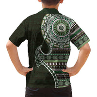 Fijian Masi Tribal Tattoos Art Pattern Family Matching Off Shoulder Maxi Dress and Hawaiian Shirt Green Color Half Style LT03 - Polynesian Pride