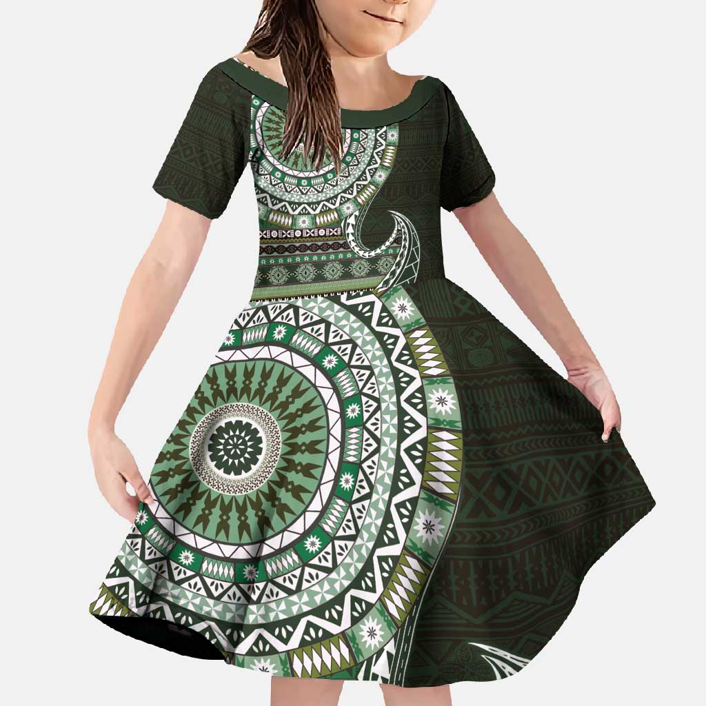Fijian Masi Tribal Tattoos Art Pattern Family Matching Off Shoulder Maxi Dress and Hawaiian Shirt Green Color Half Style LT03 Daughter's Dress Green - Polynesian Pride