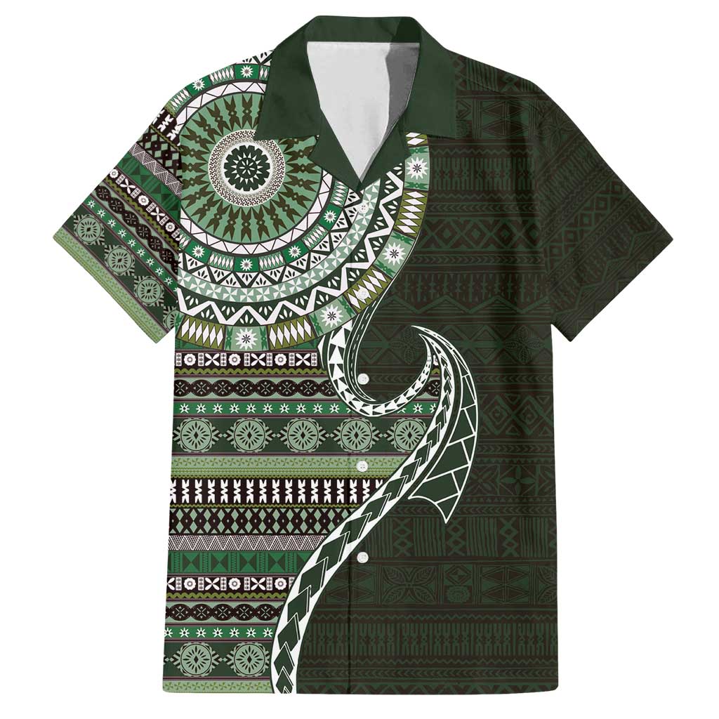 Fijian Masi Tribal Tattoos Art Pattern Family Matching Off Shoulder Maxi Dress and Hawaiian Shirt Green Color Half Style LT03 Dad's Shirt - Short Sleeve Green - Polynesian Pride