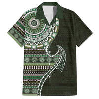 Fijian Masi Tribal Tattoos Art Pattern Family Matching Off Shoulder Maxi Dress and Hawaiian Shirt Green Color Half Style LT03 Dad's Shirt - Short Sleeve Green - Polynesian Pride