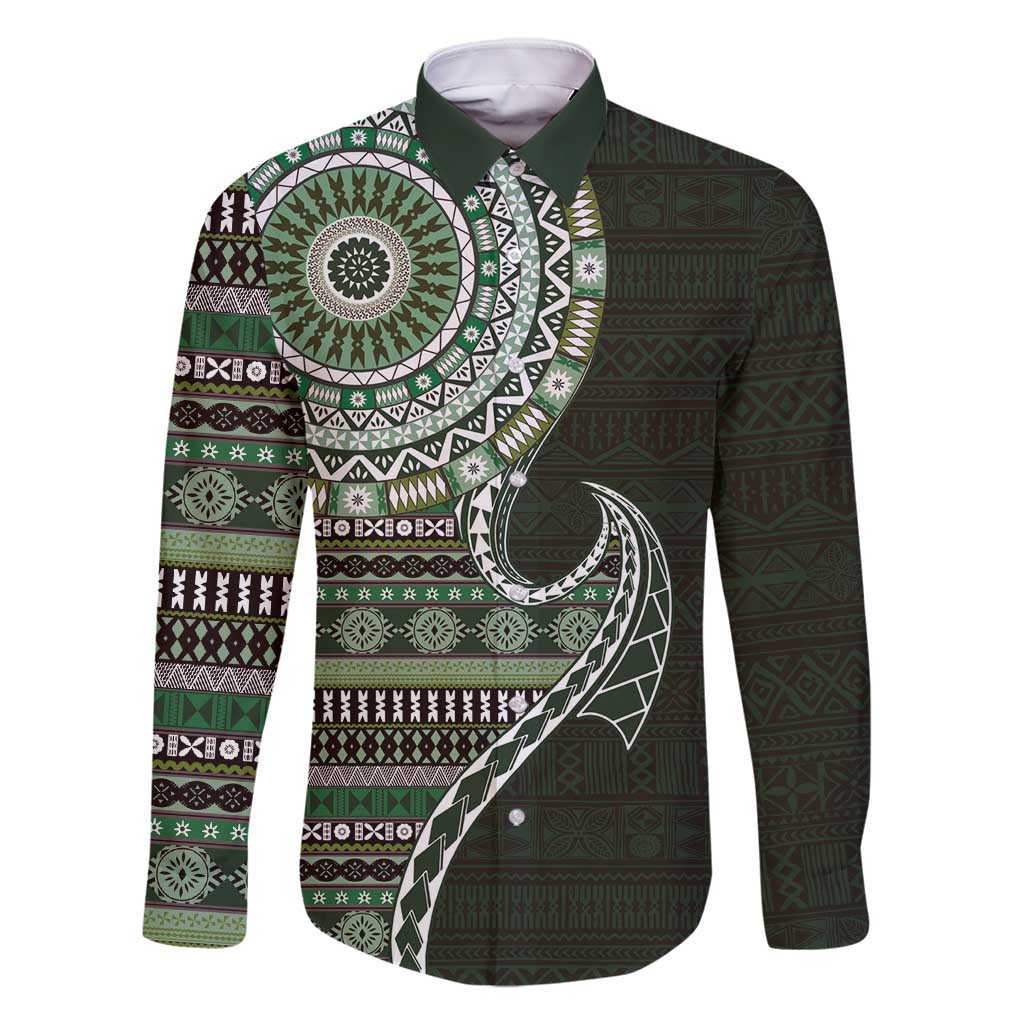 Fijian Masi Tribal Tattoos Art Pattern Family Matching Off Shoulder Maxi Dress and Hawaiian Shirt Green Color Half Style LT03 Dad's Shirt - Long Sleeve Green - Polynesian Pride