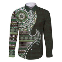 Fijian Masi Tribal Tattoos Art Pattern Family Matching Off Shoulder Maxi Dress and Hawaiian Shirt Green Color Half Style LT03 Dad's Shirt - Long Sleeve Green - Polynesian Pride