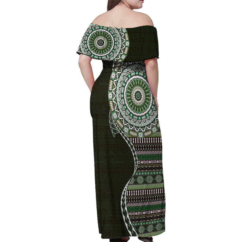 Fijian Masi Tribal Tattoos Art Pattern Family Matching Off Shoulder Maxi Dress and Hawaiian Shirt Green Color Half Style LT03 - Polynesian Pride