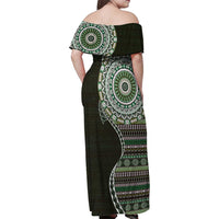 Fijian Masi Tribal Tattoos Art Pattern Family Matching Off Shoulder Maxi Dress and Hawaiian Shirt Green Color Half Style LT03 - Polynesian Pride