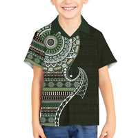 Fijian Masi Tribal Tattoos Art Pattern Family Matching Off Shoulder Maxi Dress and Hawaiian Shirt Green Color Half Style LT03 Son's Shirt Green - Polynesian Pride
