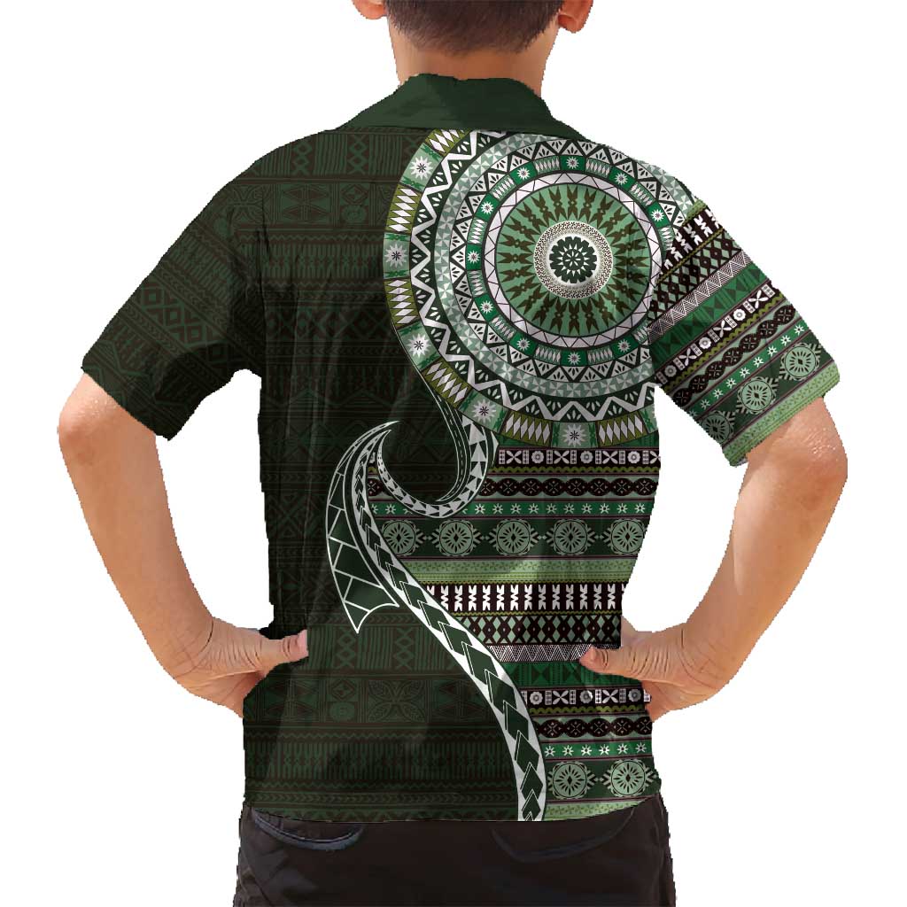 Fijian Masi Tribal Tattoos Art Pattern Family Matching Off Shoulder Short Dress and Hawaiian Shirt Green Color Half Style LT03 - Polynesian Pride
