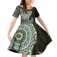 Fijian Masi Tribal Tattoos Art Pattern Family Matching Off Shoulder Short Dress and Hawaiian Shirt Green Color Half Style LT03 Daughter's Dress Green - Polynesian Pride