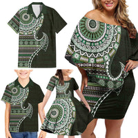 Fijian Masi Tribal Tattoos Art Pattern Family Matching Off Shoulder Short Dress and Hawaiian Shirt Green Color Half Style LT03 - Polynesian Pride