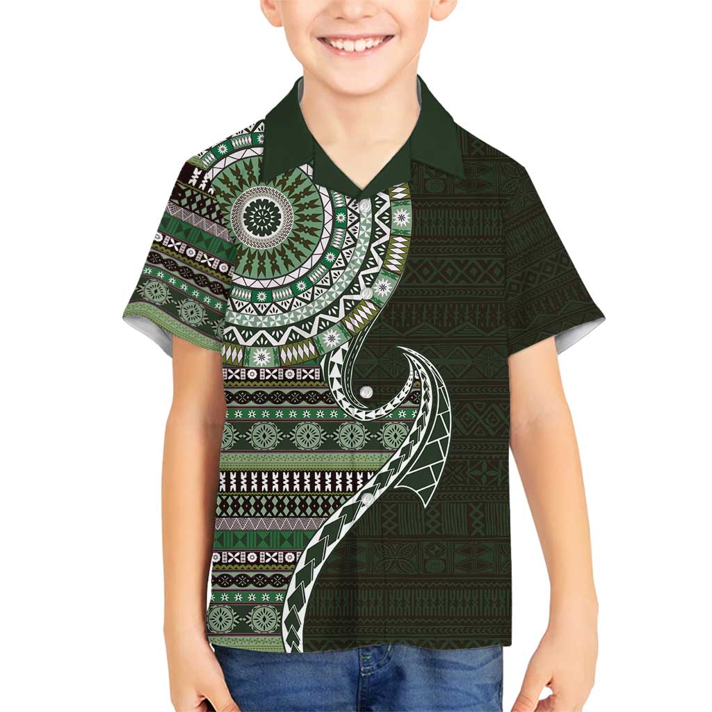 Fijian Masi Tribal Tattoos Art Pattern Family Matching Off Shoulder Short Dress and Hawaiian Shirt Green Color Half Style LT03 Son's Shirt Green - Polynesian Pride
