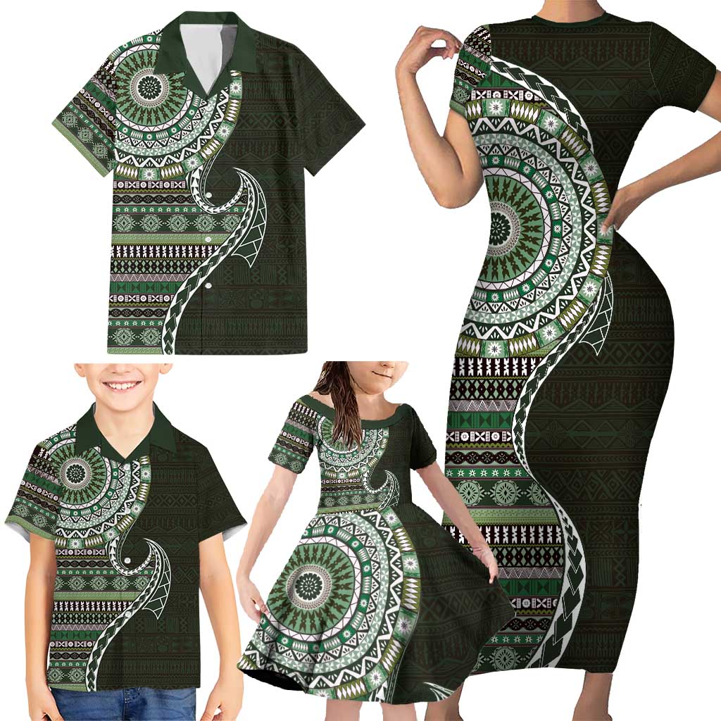 Fijian Masi Tribal Tattoos Art Pattern Family Matching Short Sleeve Bodycon Dress and Hawaiian Shirt Green Color Half Style LT03 - Polynesian Pride