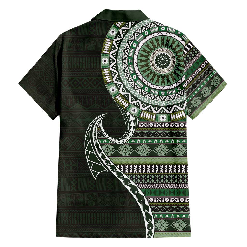 Fijian Masi Tribal Tattoos Art Pattern Family Matching Short Sleeve Bodycon Dress and Hawaiian Shirt Green Color Half Style LT03 - Polynesian Pride