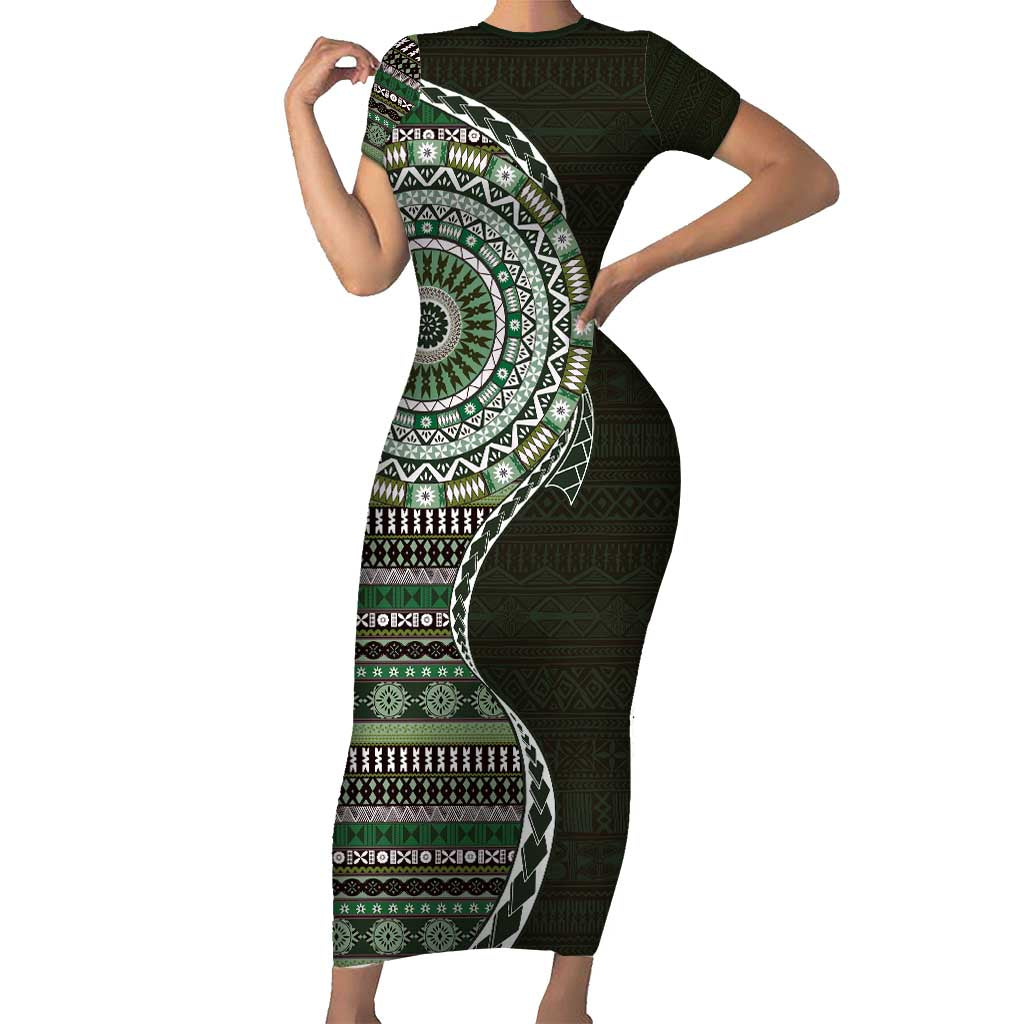 Fijian Masi Tribal Tattoos Art Pattern Family Matching Short Sleeve Bodycon Dress and Hawaiian Shirt Green Color Half Style LT03 Mom's Dress Green - Polynesian Pride