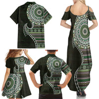 Fijian Masi Tribal Tattoos Art Pattern Family Matching Summer Maxi Dress and Hawaiian Shirt Green Color Half Style LT03 - Polynesian Pride