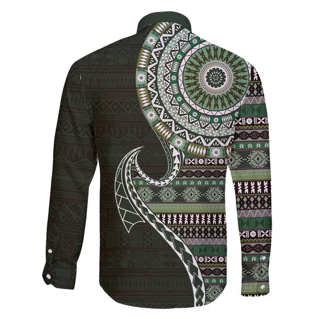 Fijian Masi Tribal Tattoos Art Pattern Family Matching Summer Maxi Dress and Hawaiian Shirt Green Color Half Style LT03 - Polynesian Pride