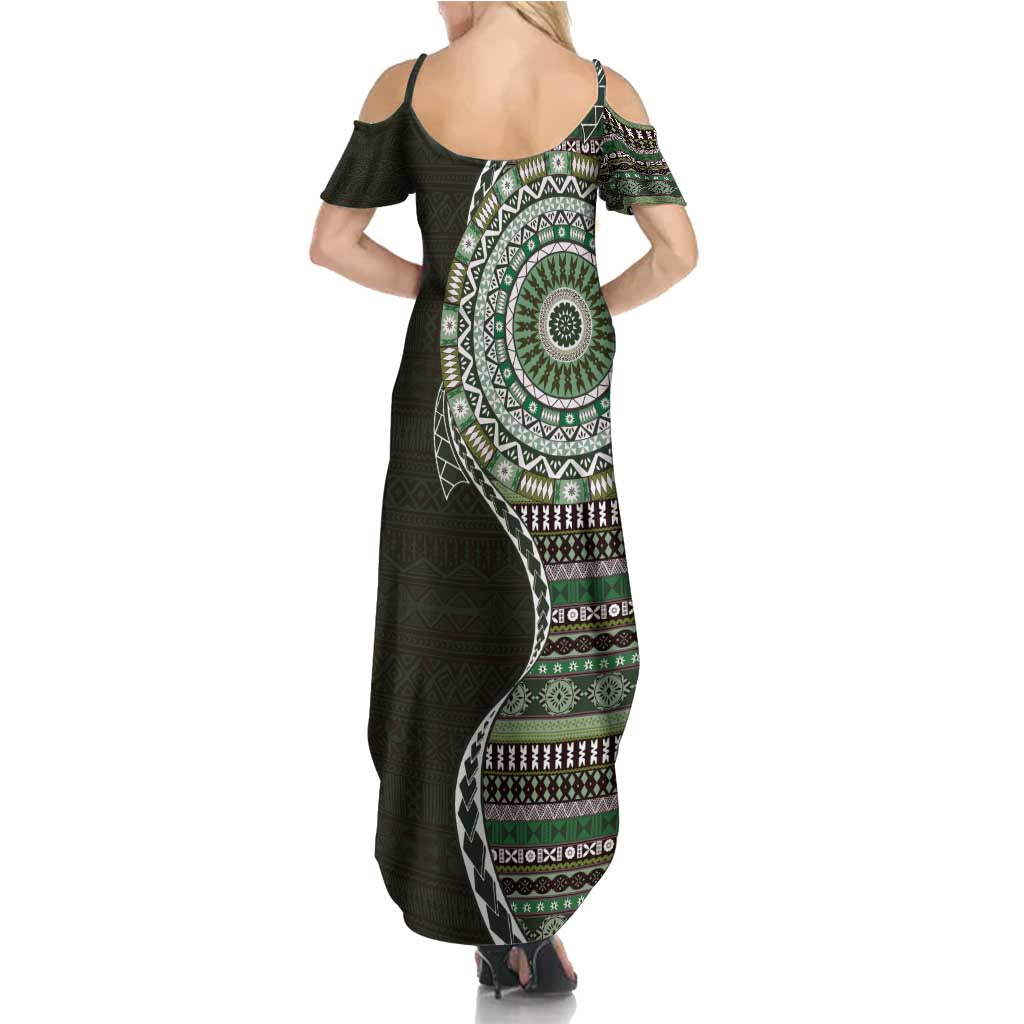 Fijian Masi Tribal Tattoos Art Pattern Family Matching Summer Maxi Dress and Hawaiian Shirt Green Color Half Style LT03 - Polynesian Pride