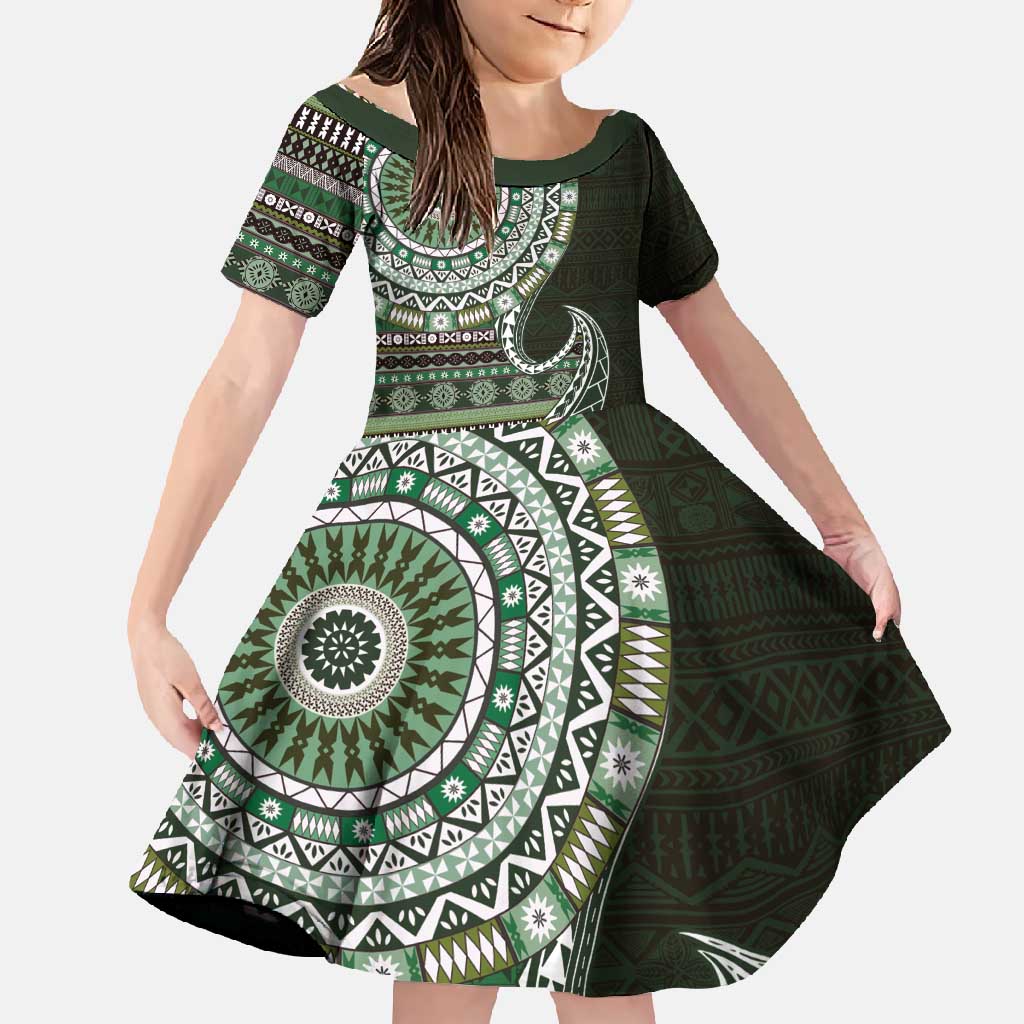 Fijian Masi Tribal Tattoos Art Pattern Family Matching Tank Maxi Dress and Hawaiian Shirt Green Color Half Style LT03 Daughter's Dress Green - Polynesian Pride