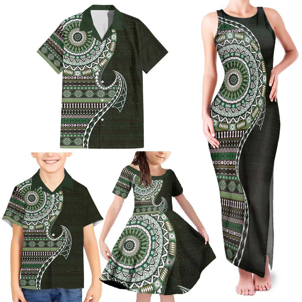 Fijian Masi Tribal Tattoos Art Pattern Family Matching Tank Maxi Dress and Hawaiian Shirt Green Color Half Style LT03 - Polynesian Pride