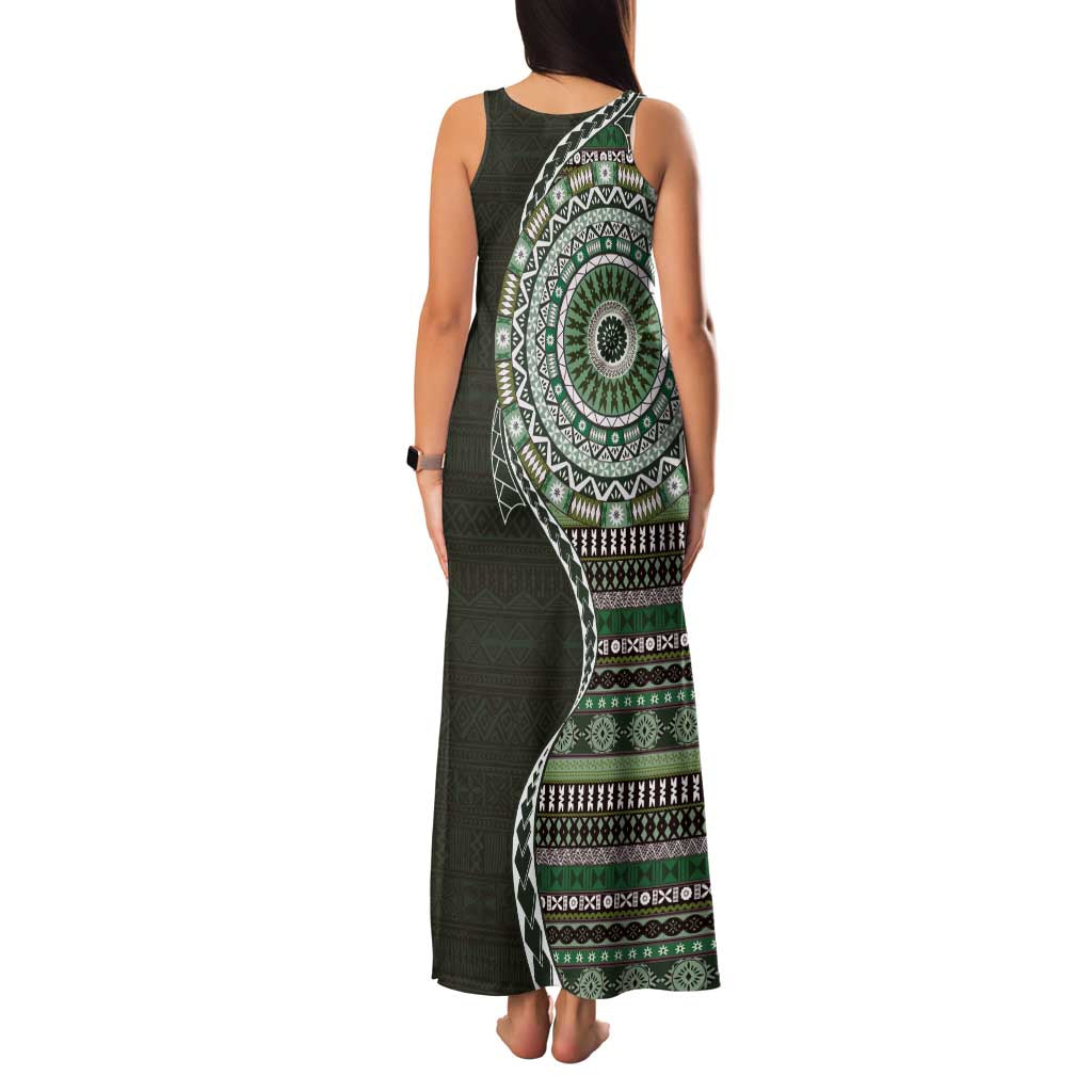 Fijian Masi Tribal Tattoos Art Pattern Family Matching Tank Maxi Dress and Hawaiian Shirt Green Color Half Style LT03 - Polynesian Pride