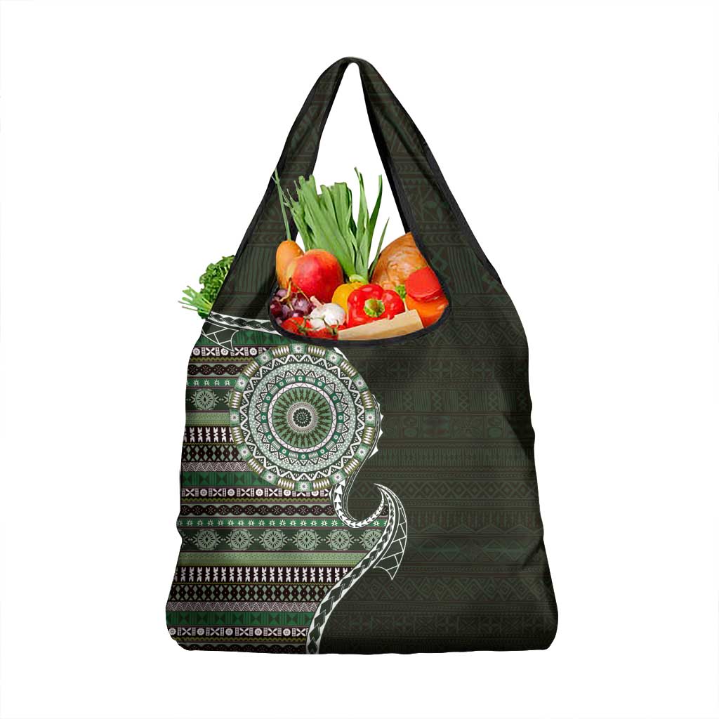 Fijian Masi Tribal Tattoos Art Pattern Grocery Bag Green Color Half Style - Polynesian Pride