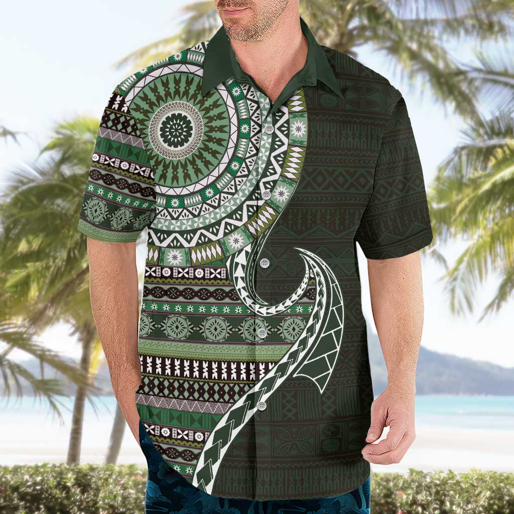 Fijian Masi Tribal Tattoos Art Pattern Hawaiian Shirt Green Color Half Style LT03 - Polynesian Pride